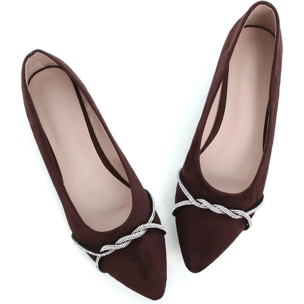 Women's Brown Rhinestone Casual Flats Fashion Chain Pointed Toe Ballet Flat